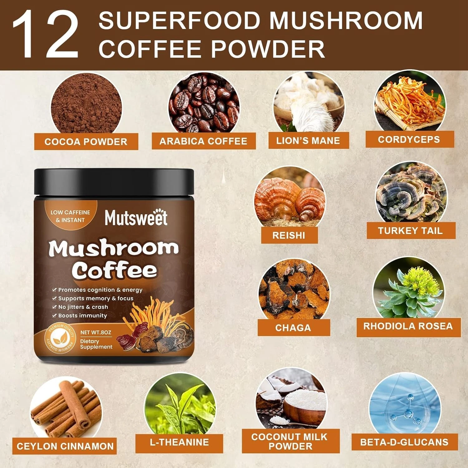 227g Mushroom Instant Coffee 57 Servings 12 Mushroom Superfood Blend Complex — image 3