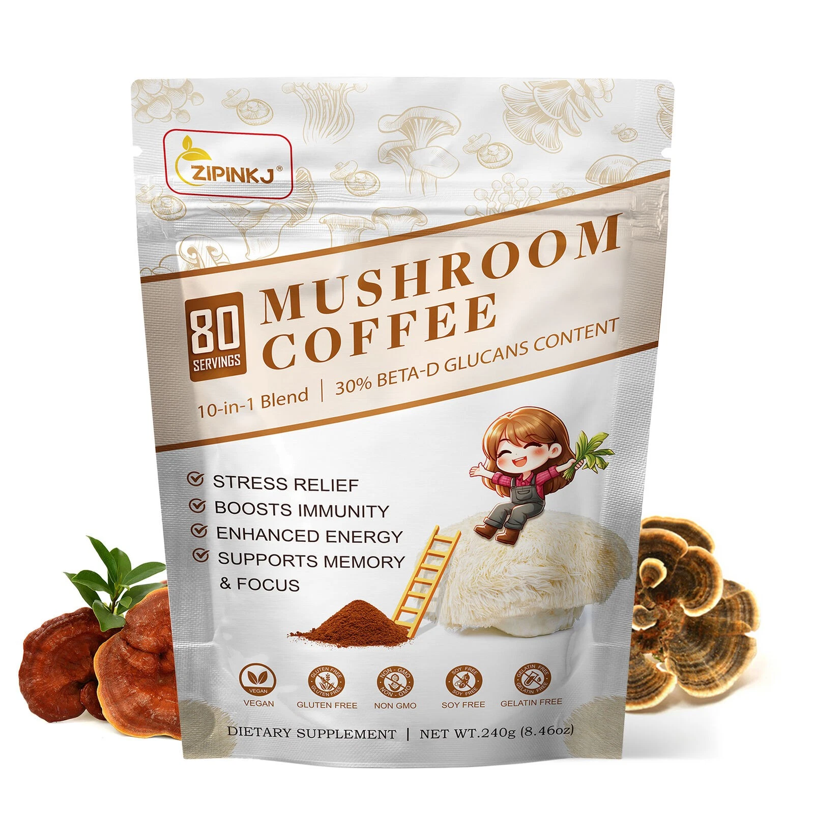 New Mushroom Coffee Organic Coffee 60 Servings in One Pack, No Odor