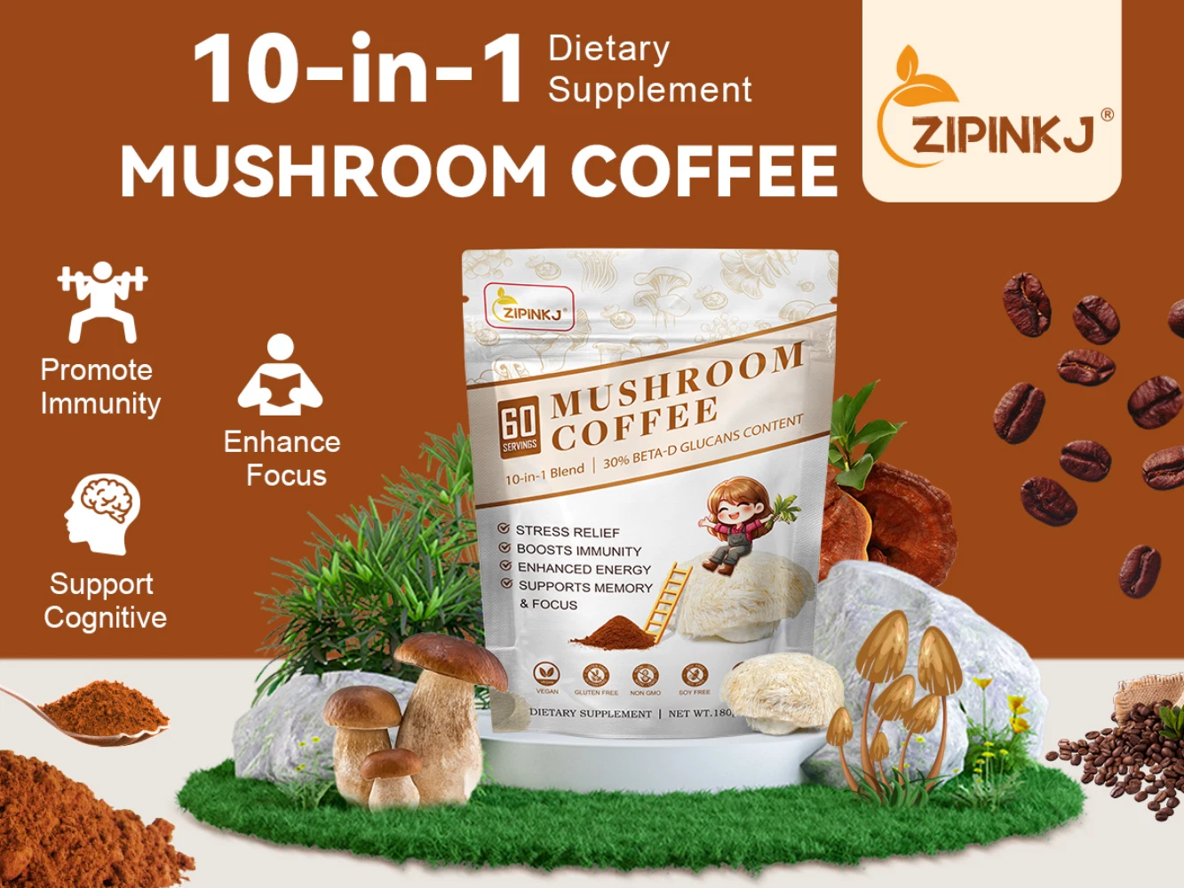 New Mushroom Coffee Organic Coffee 60 Servings in One Pack, No Odor Miniature 6