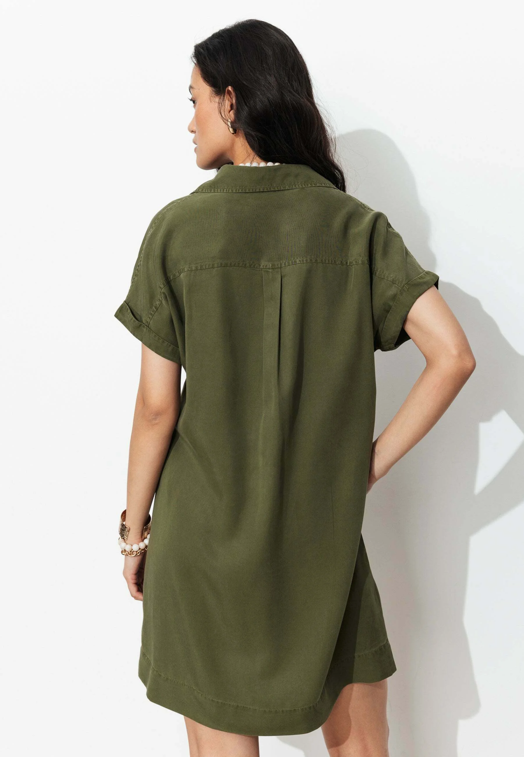 Day dress - kaki 100% lyocell Low-cut v-neck Chest pocket Bust darts — image 2