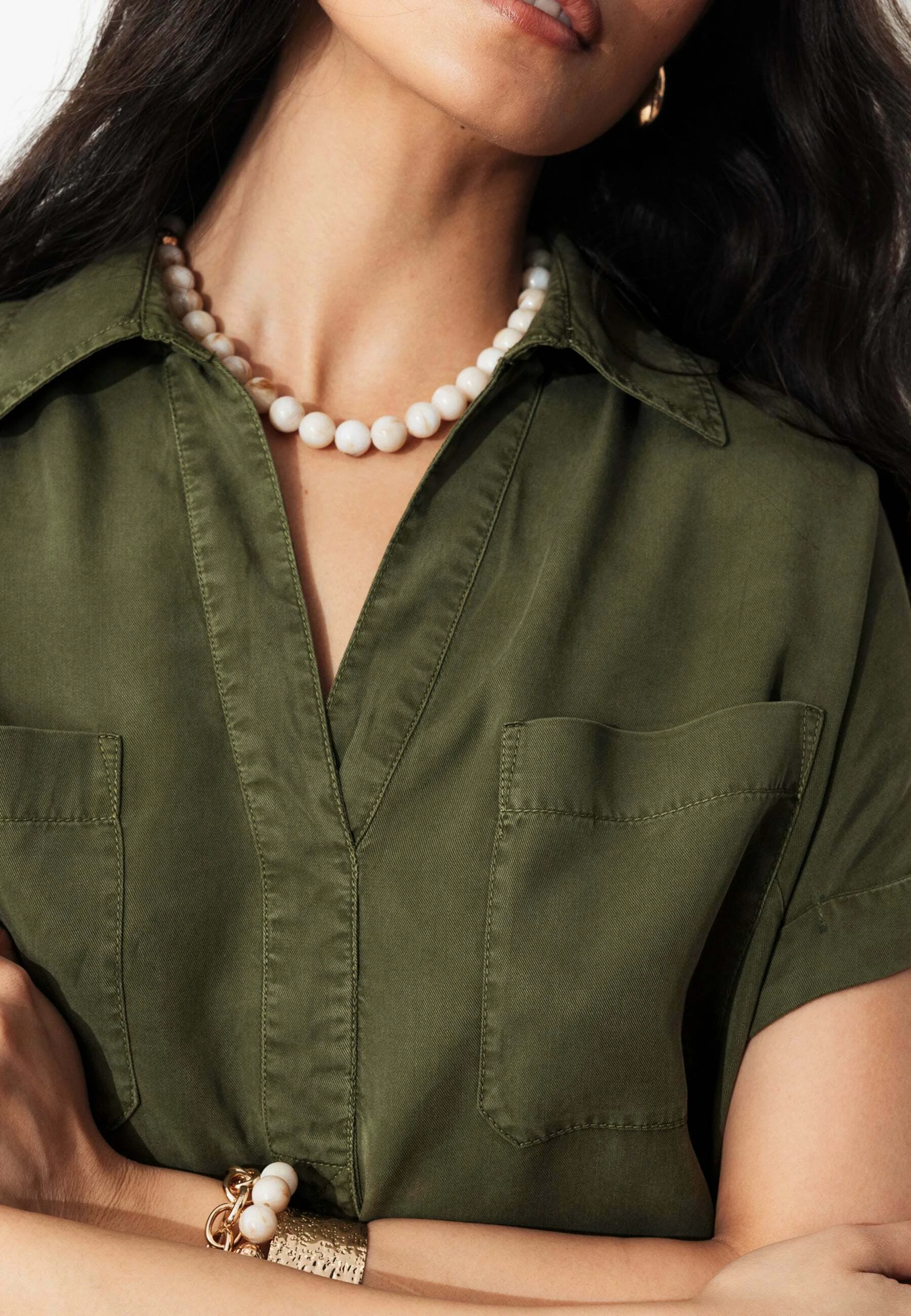 Day dress - kaki 100% lyocell Low-cut v-neck Chest pocket Bust darts — image 4