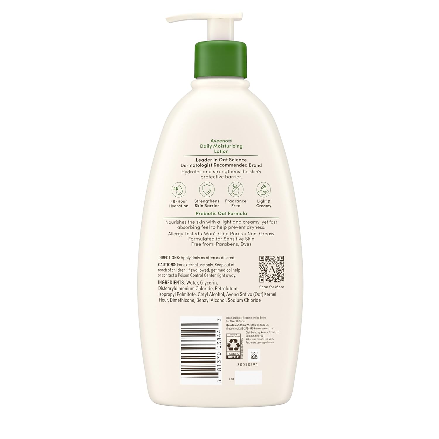 Aveeno Daily Moisturizing Body Lotion, Body Lotion for Dry Skin with Prebiotic Oat, Paraben Free, Fragrance Free, Non-Greasy, Non-Comedogenic Moisturizer, 18 FL OZ — image 4