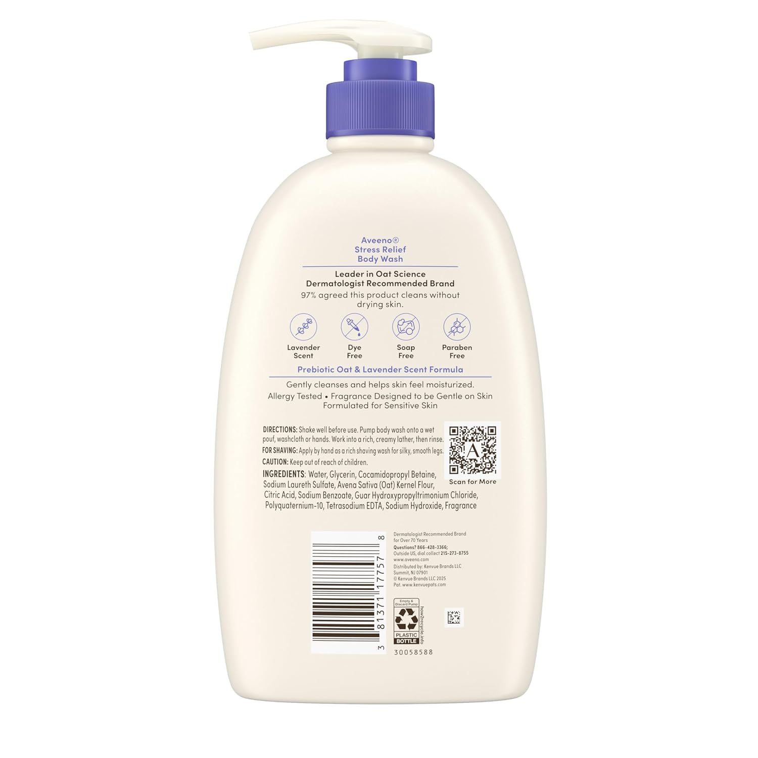 Aveeno Stress Relief Body Wash for Women, Calming Lavender Scent & Prebiotic Oat, Cleanser for Sensitive Dry Skin, Paraben, Dye & Soap-Free, 33 Fl Oz — image 4