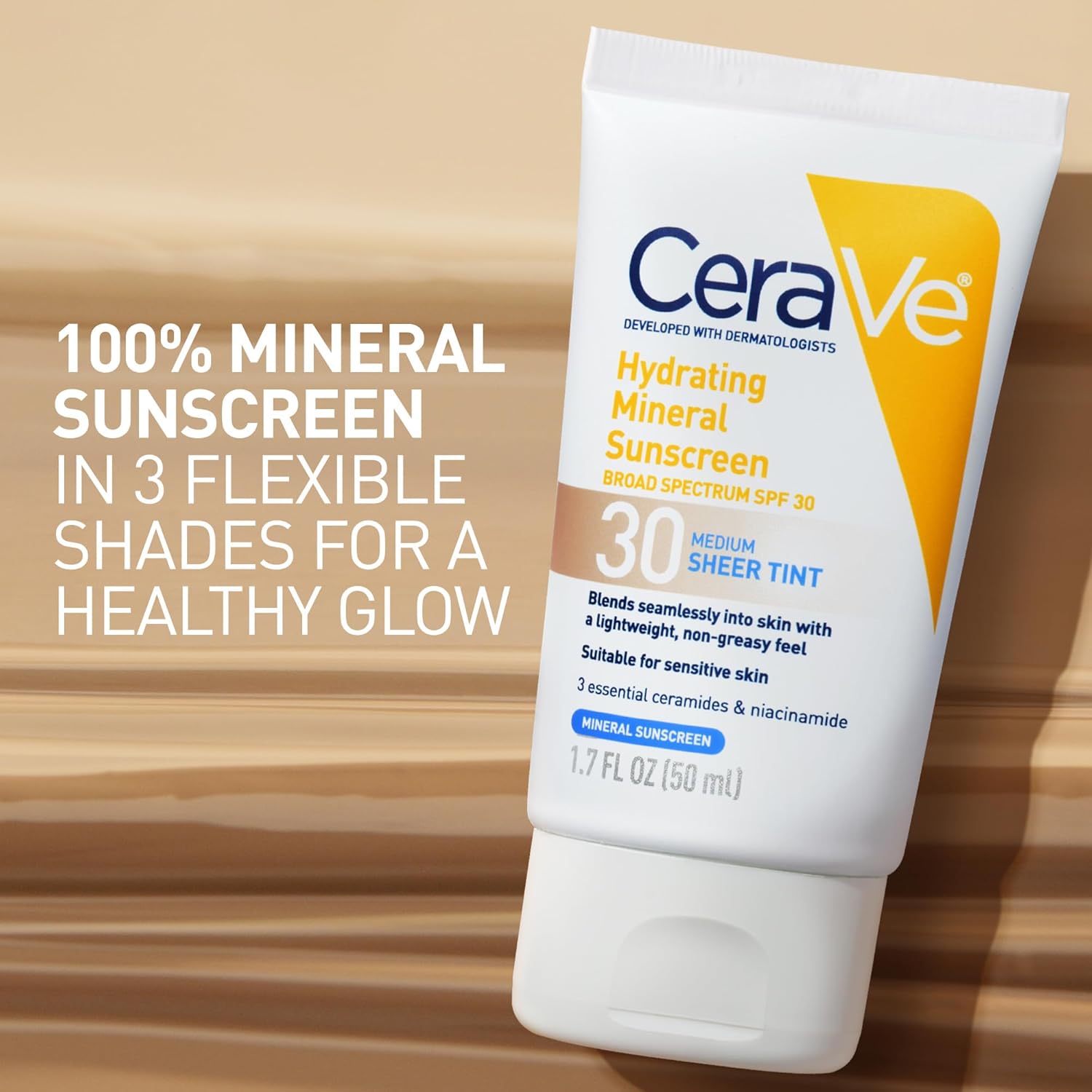 CeraVe Hydrating Mineral Sunscreen SPF 30 with Sheer Tint, Tinted Mineral Sunscreen with Zinc Oxide & Titanium Dioxide, Blends Seamlessly For Healthy Glow, Medium, 1.7 Fluid Ounce — image 4