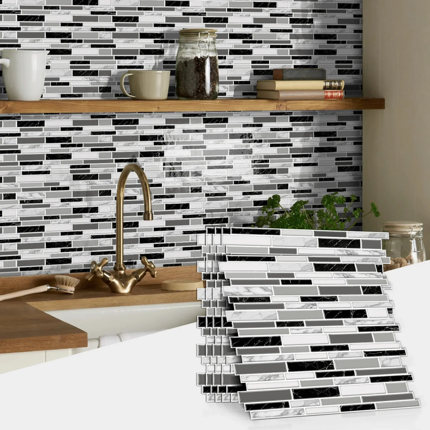 1/12 classic black and white ceramic tiles marble room decoration kitchen living room waterproof self-adhesive wallpaper detachable 250410BJ