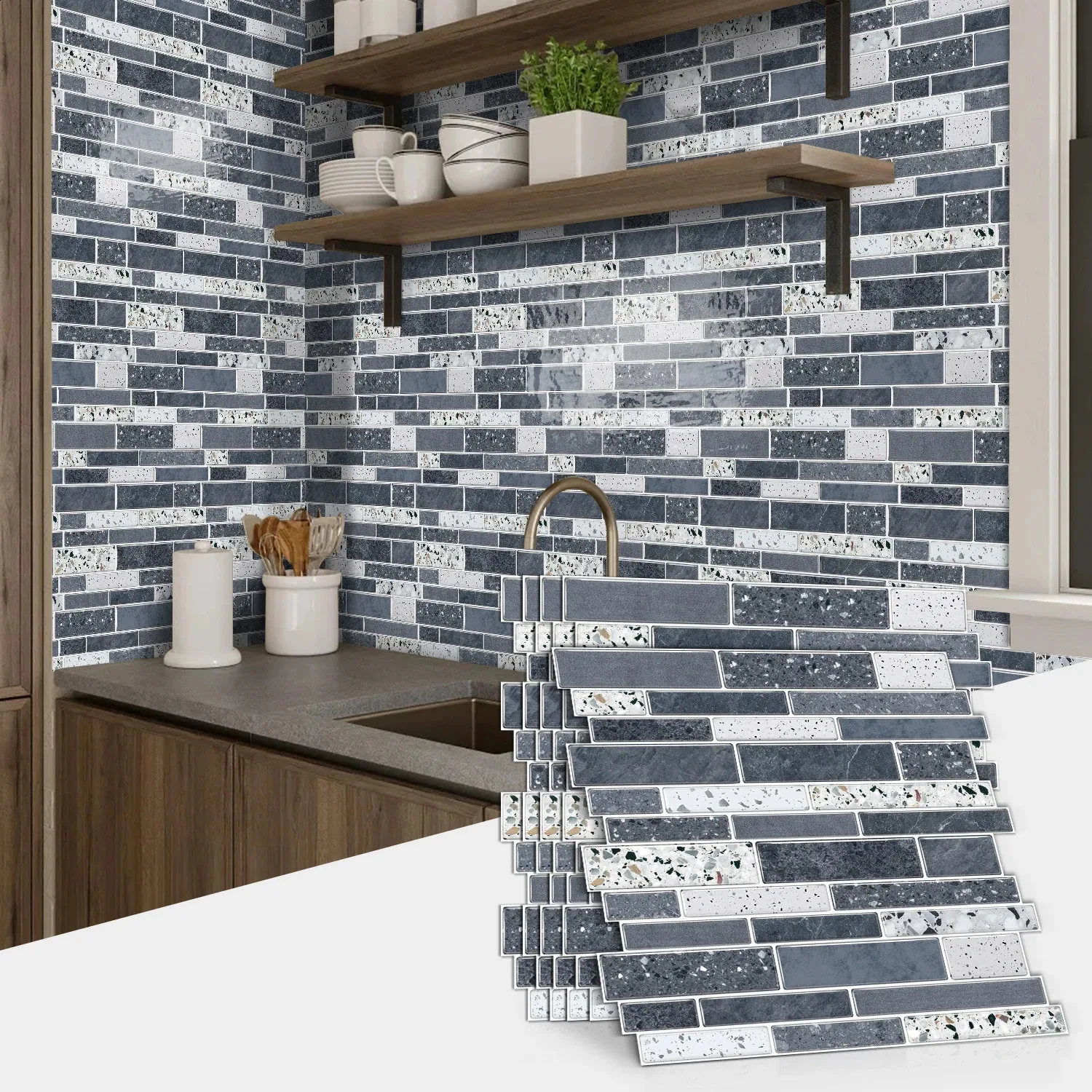 1/12 classic black and white ceramic tiles marble room decoration kitchen living room waterproof self-adhesive wallpaper detachable 250410BJ — image 3