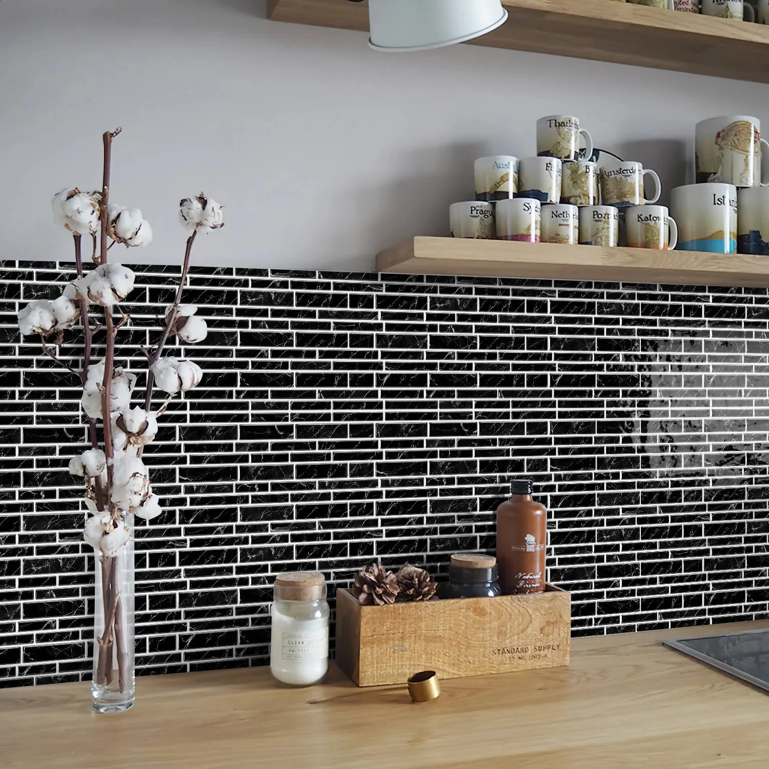 1/12 classic black and white ceramic tiles marble room decoration kitchen living room waterproof self-adhesive wallpaper detachable 250410BJ — image 5